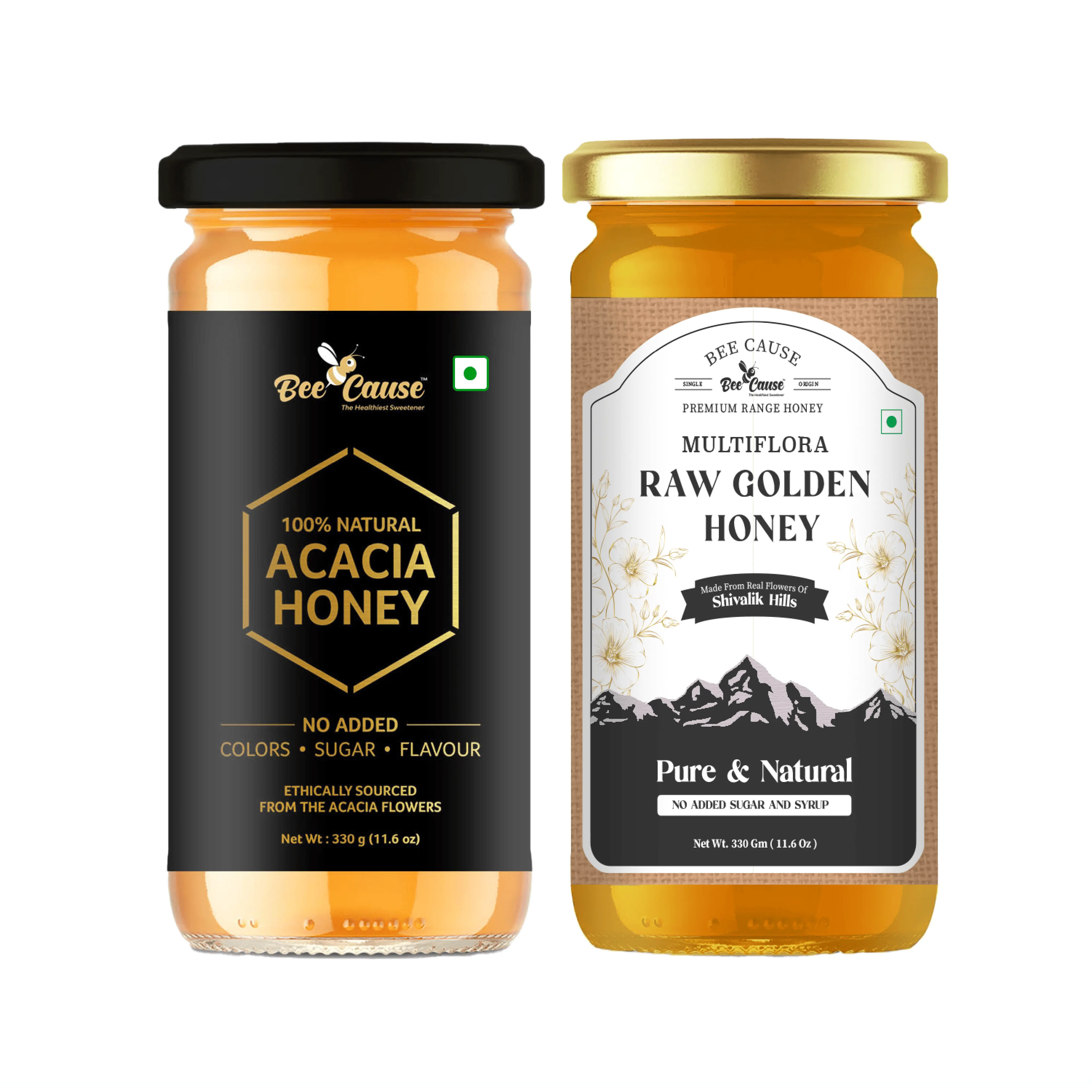 BeeCause Acacia Honey and Multifloral Raw Golden Honey jars shown side by side in glass packaging, 100% natural, pure, and unprocessed honey.
