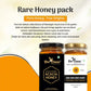 A marketing graphic for the BeeCause Rare Honey Pack showing Acacia and Sunflower honey jars, detailing their origins from Himalayan Acacia trees and radiant sunflower fields.