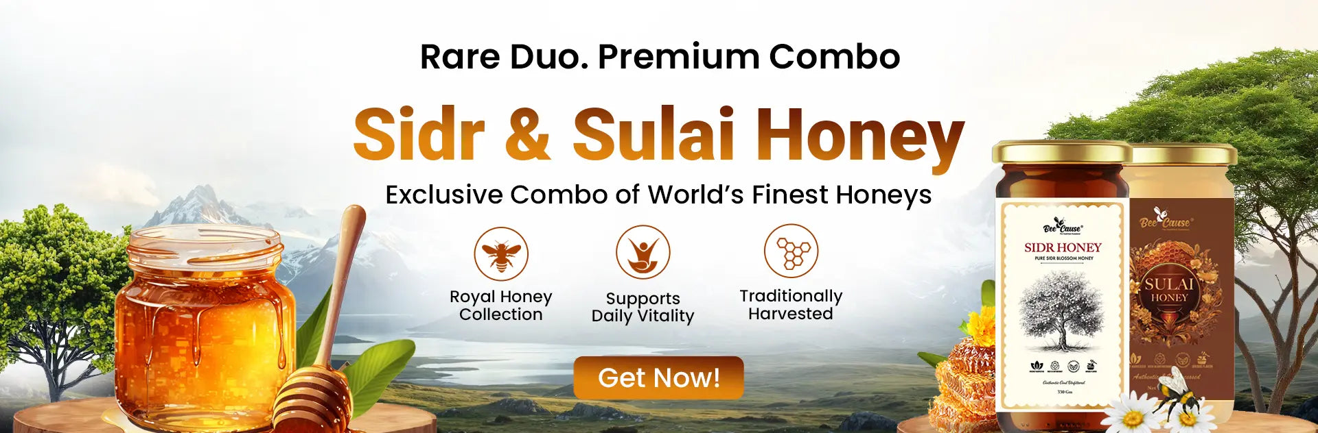 Promotional banner for BeeCause Sidr & Sulai Honey premium combo, featuring two honey jars, a honey dipper, natural landscape background, and text highlighting royal honey collection, daily vitality support, and traditionally harvested honey.