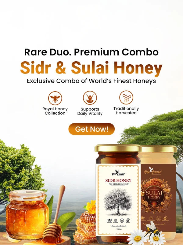 Mobile promotional banner for BeeCause Sidr & Sulai Honey premium combo, showing two honey jars with a honey dipper, natural landscape background, and highlights of royal honey collection, daily vitality support, and traditionally harvested honey.