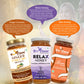 An infographic detailing the health benefits of BeeCause Ginger Curcumin Honey for immunity, Relax Honey for stress relief, and Slim Honey for weight management.