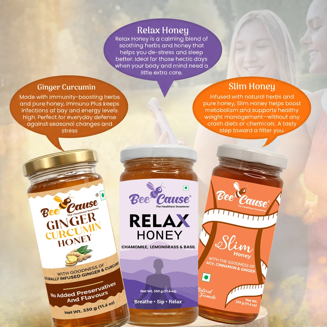 An infographic detailing the health benefits of BeeCause Ginger Curcumin Honey for immunity, Relax Honey for stress relief, and Slim Honey for weight management.