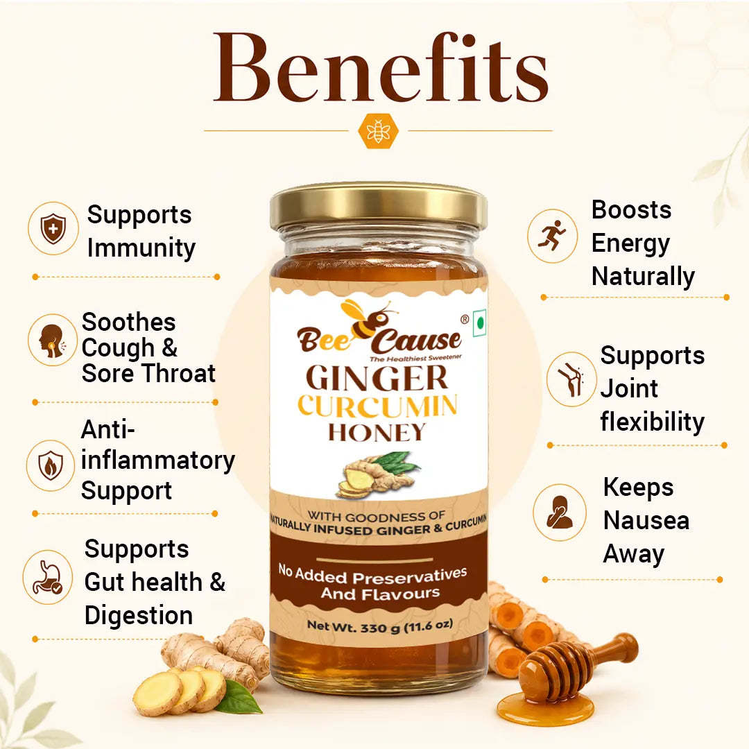 Bee Cause Ginger Curcumin Honey jar with health benefits listed on a white background