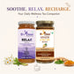 Two jars of Bee Cause wellness tea on a light beige background with decorative text and small botanical illustrations. The left jar is labeled 'RELAX' with a purple and lavender label, and the right jar is labeled 'GINGER CUCUMBE MIN HONEY' with a brown and gold label.