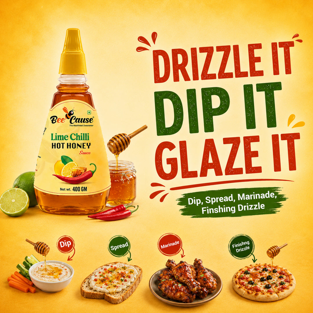 Bee Cause Lime Chilli Hot Honey Sauce bottle with usage suggestions on a yellow background
