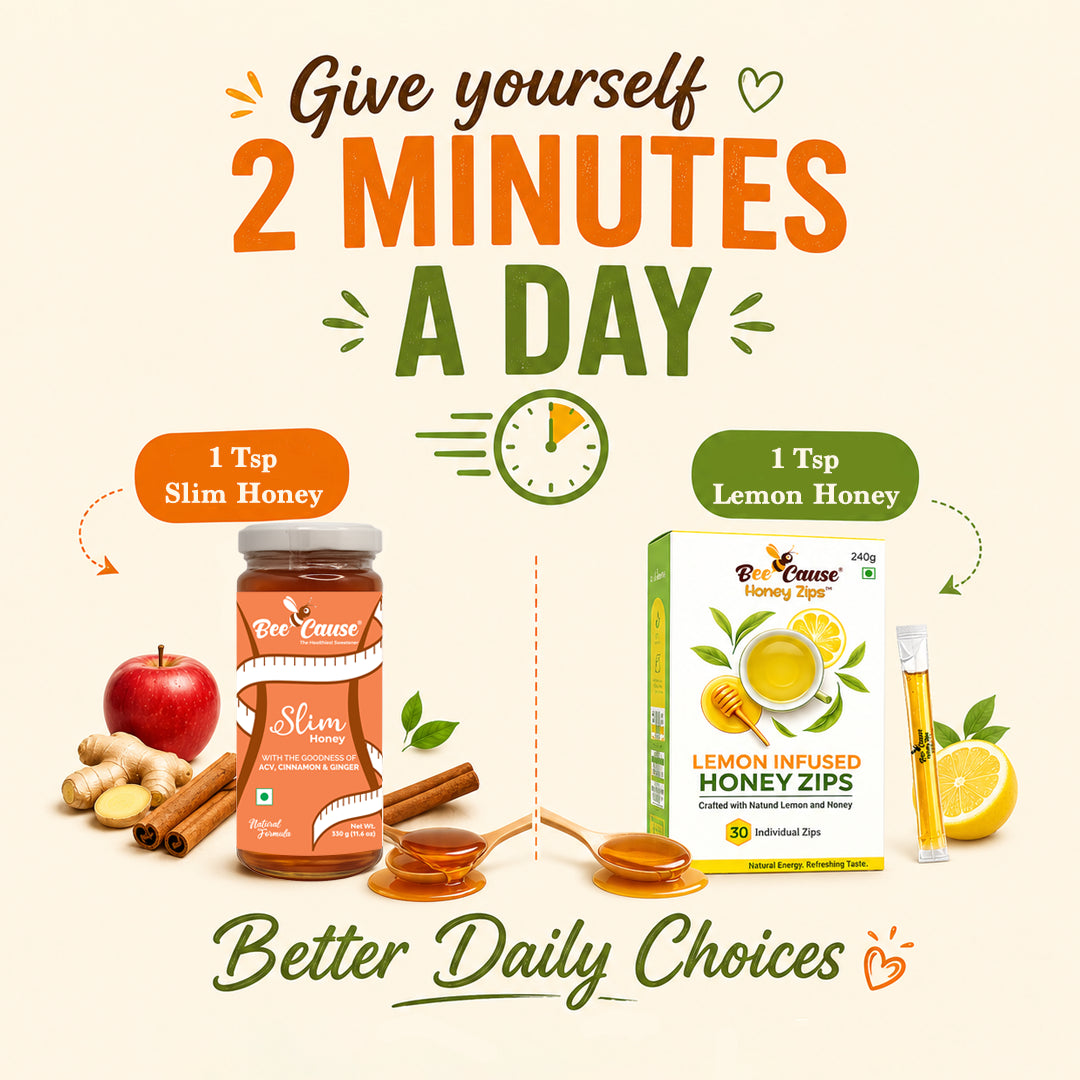 Promotional graphic for honey products with text 'Give yourself 2 minutes a day' on a beige background.