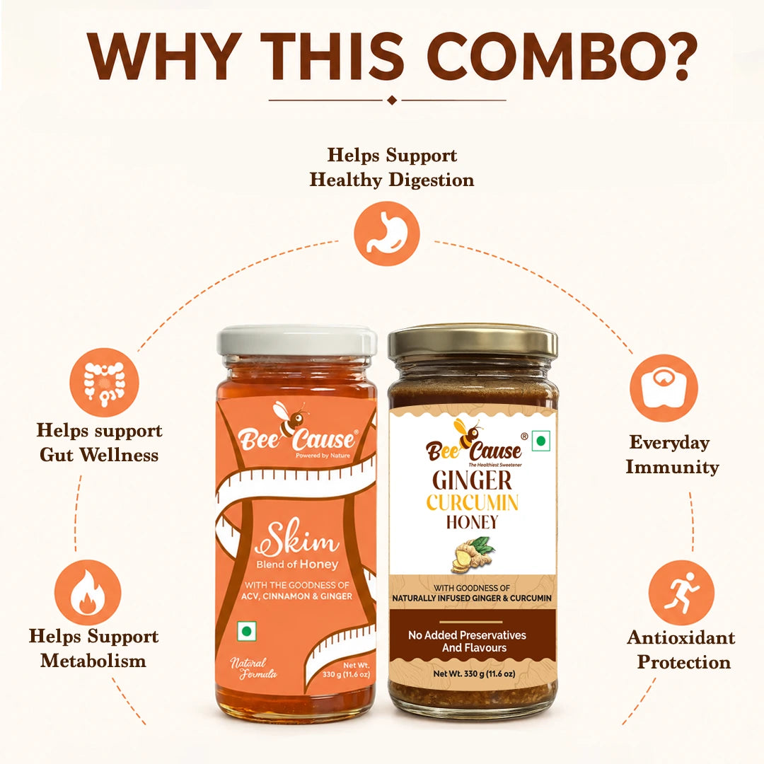 Promotional graphic for a Bee Cause combo product showing two jars of honey and gingerside against a light beige background with text and icons explaining benefits.