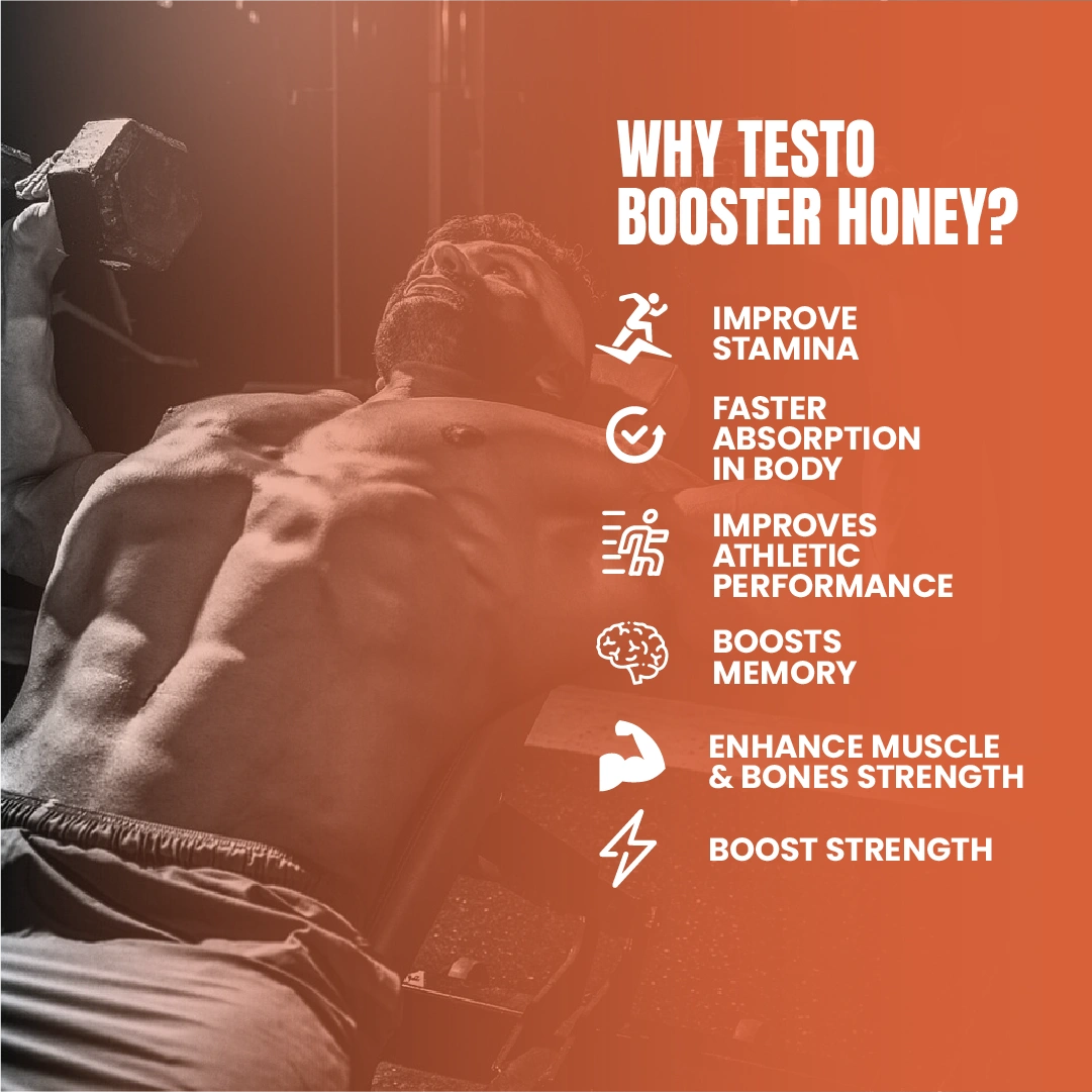 An infographic showing a weightlifter mid-press, listing benefits such as improved stamina, faster absorption, athletic performance, and muscle strength.