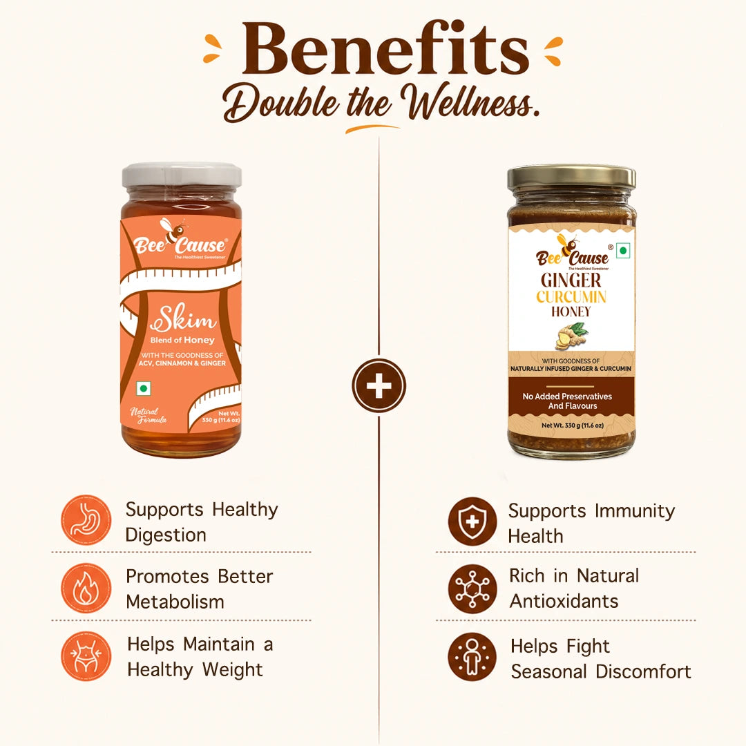 An infographic titled 'Benefits Double the Wellness.' shows two jars of Bee Cause honey products side by side on a light cream background, with text listing benefits such as healthy digestion, better metabolism, weight maintenance, immunity support, antioxidants, and seasonal discomfort.