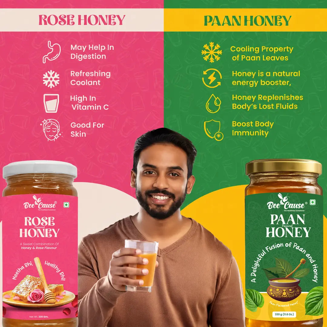 Infographic comparing BeeCause Rose Honey and Paan Honey health benefits, featuring a smiling man holding a glass of juice next to both product jars.