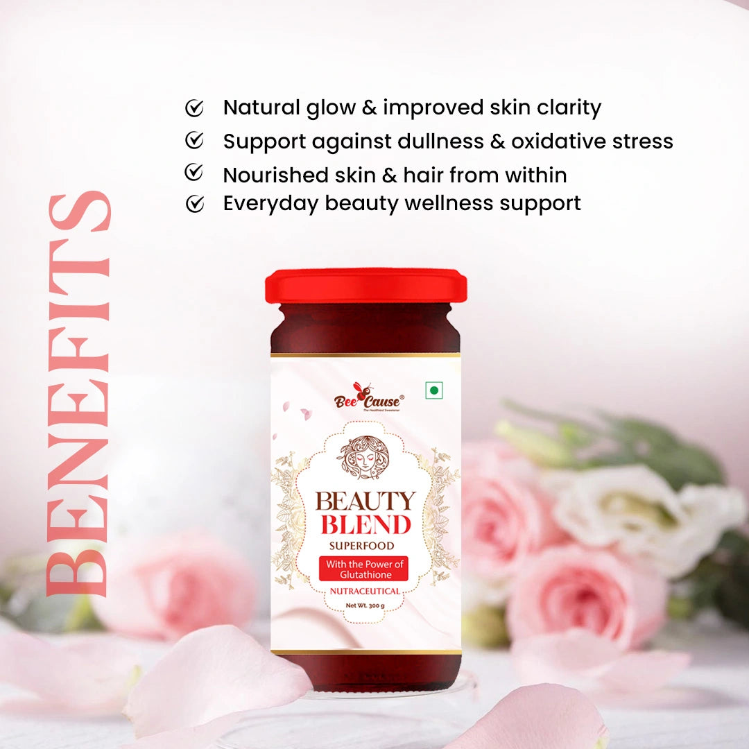 List of wellness benefits for Bee Cause Beauty Blend, describing it as the best drink for health and the best drink for skin clarity, nourishment, and glow.