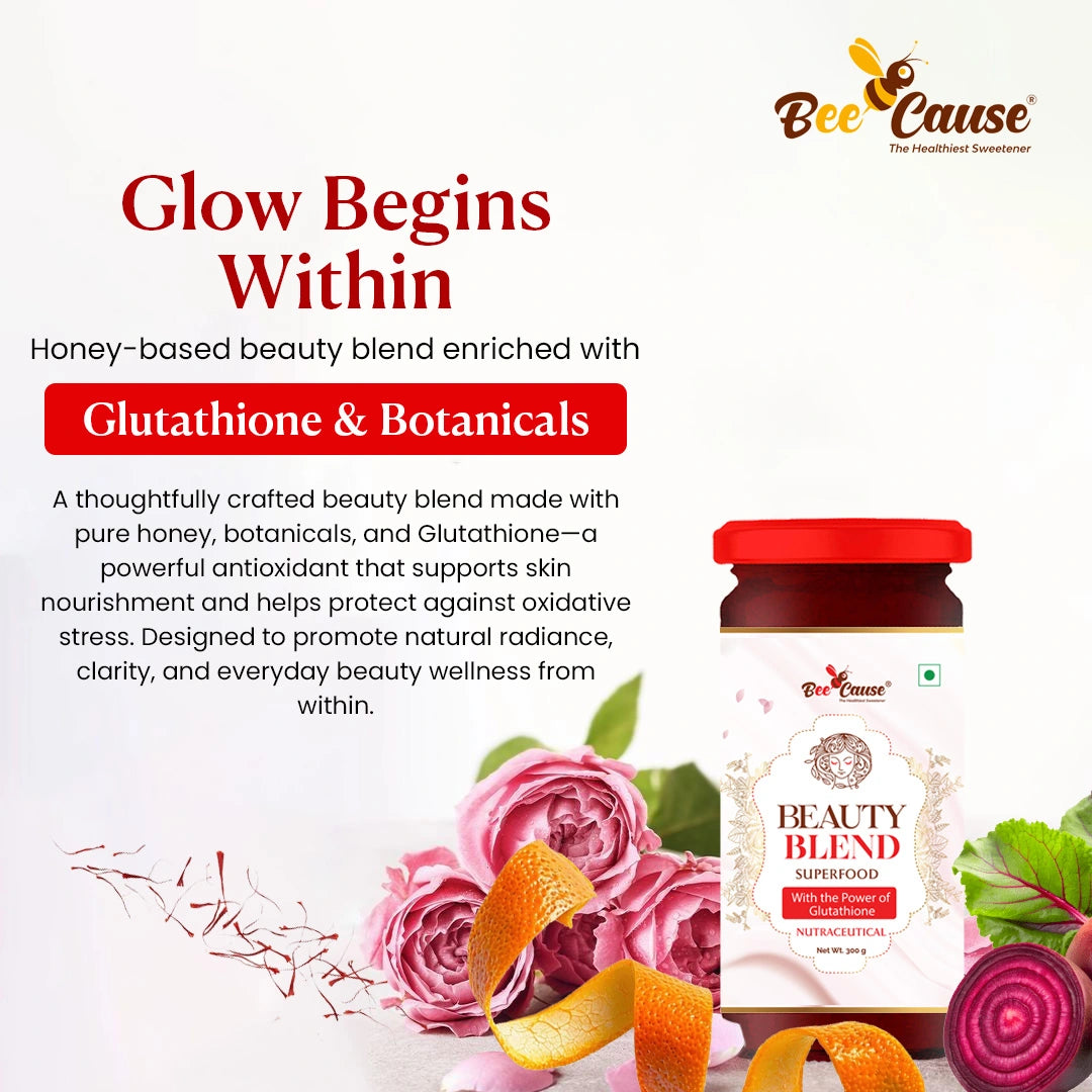 Promotional graphic for Bee Cause Beauty Blend, showcasing it as the best drink for skin radiance, enriched with beauty honey, glutathione, and natural botanicals.