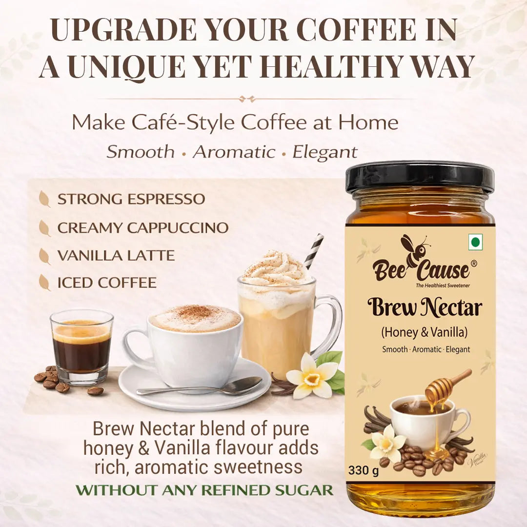 Bee Cause Brew Nectar used as a refined sugar-free sweetener to make café-style drinks at home, including espresso, cappuccino, vanilla latte, and iced coffee