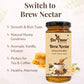 List of benefits for Bee Cause Brew Nectar, featuring a smooth rich taste, natural honey goodness, and its use as a healthy alternative for tea and coffee