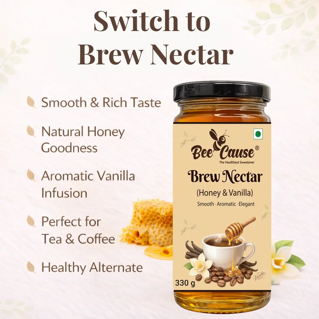 List of benefits for Bee Cause Brew Nectar, featuring a smooth rich taste, natural honey goodness, and its use as a healthy alternative for tea and coffee
