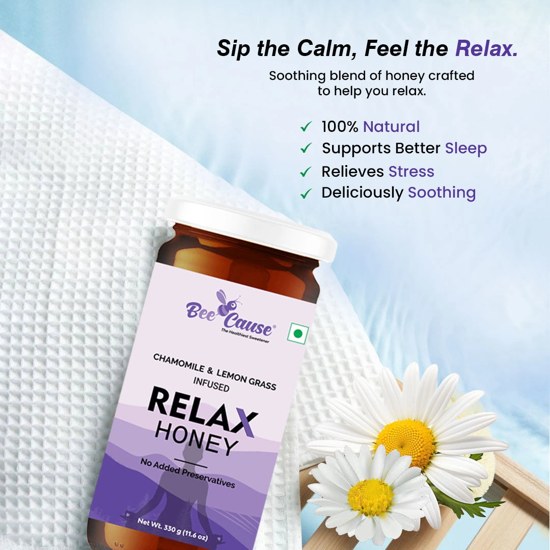 Promotional image titled "Sip the Calm, Feel the Relax," showing the honey jar in a soothing spa setting with chamomile flowers, highlighting stress relief and 100% natural ingredients.