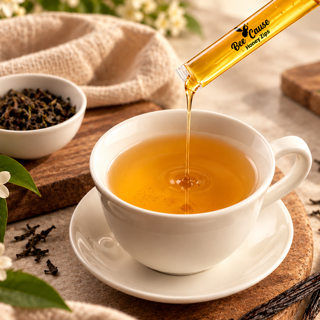 BeeCause Masala Honey Zips with honey being poured into a cup of tea