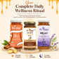 Three jars of Bee Cause wellness honey blends are displayed on a wooden stand against a warm cream background with decorative honey drips and flowers. The jars are labeled Slim (orange), Ginger Curcumin Honey (brown), and Relax (lavender).