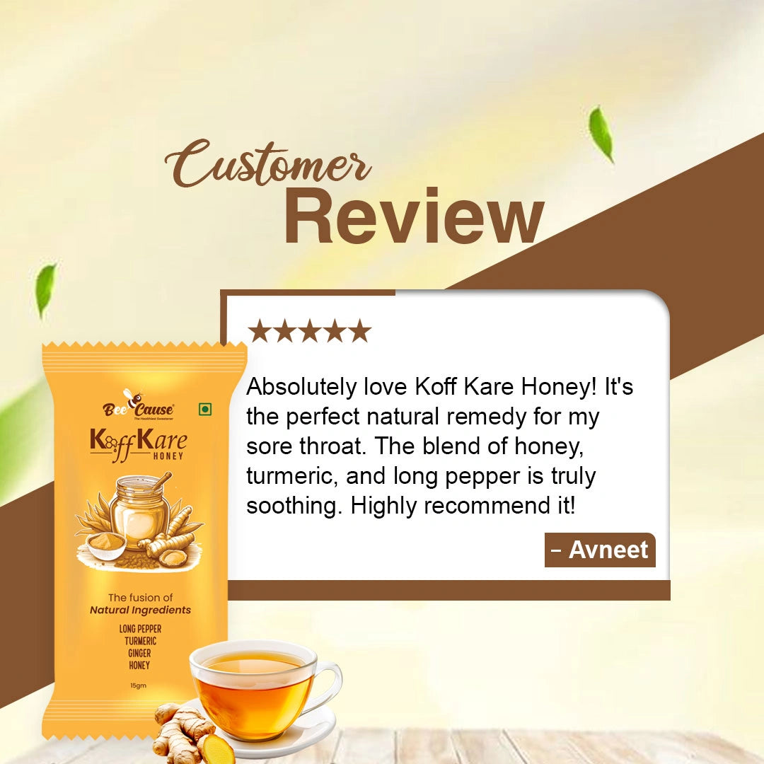 A 5-star customer review from Avneet praising Koff Kare Honey as the perfect natural remedy for a sore throat, noting the soothing blend of honey, turmeric, and long pepper.