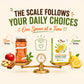 Honey products including a jar, box, and lemon on a balance scale with text about daily choices.