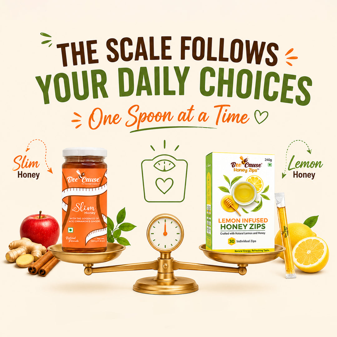 Honey products including a jar, box, and lemon on a balance scale with text about daily choices.