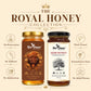 Two glass jars of Bee Cause Royal Honey Collection honey on a beige background with promotional text and icons. The left jar is labeled Sulai Honey with a gold lid, and the right jar is labeled Sidr Honey with a black lid.