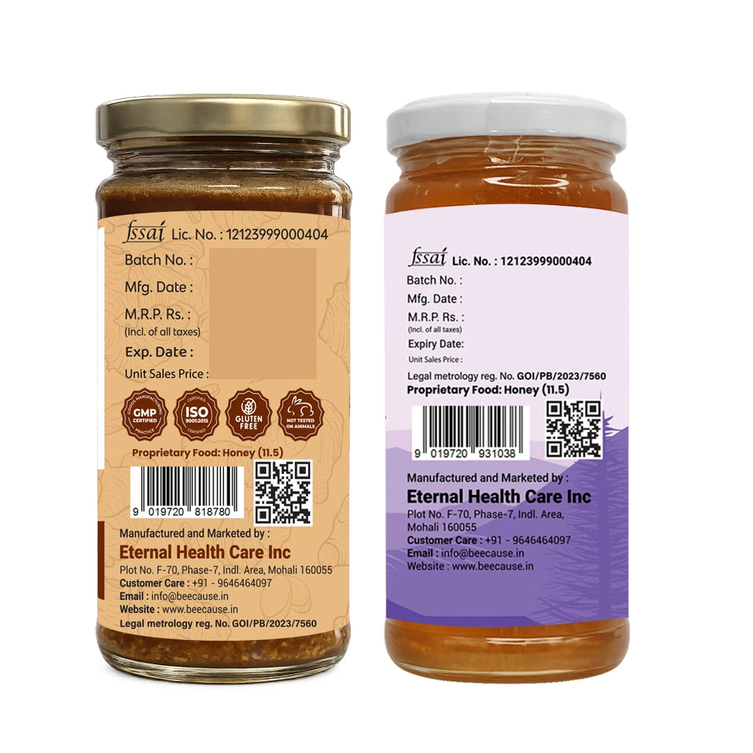 Two glass jars of FSSAI approved Proprietary Food: Honey shown side by side on a white background, displaying both the front and back labels.