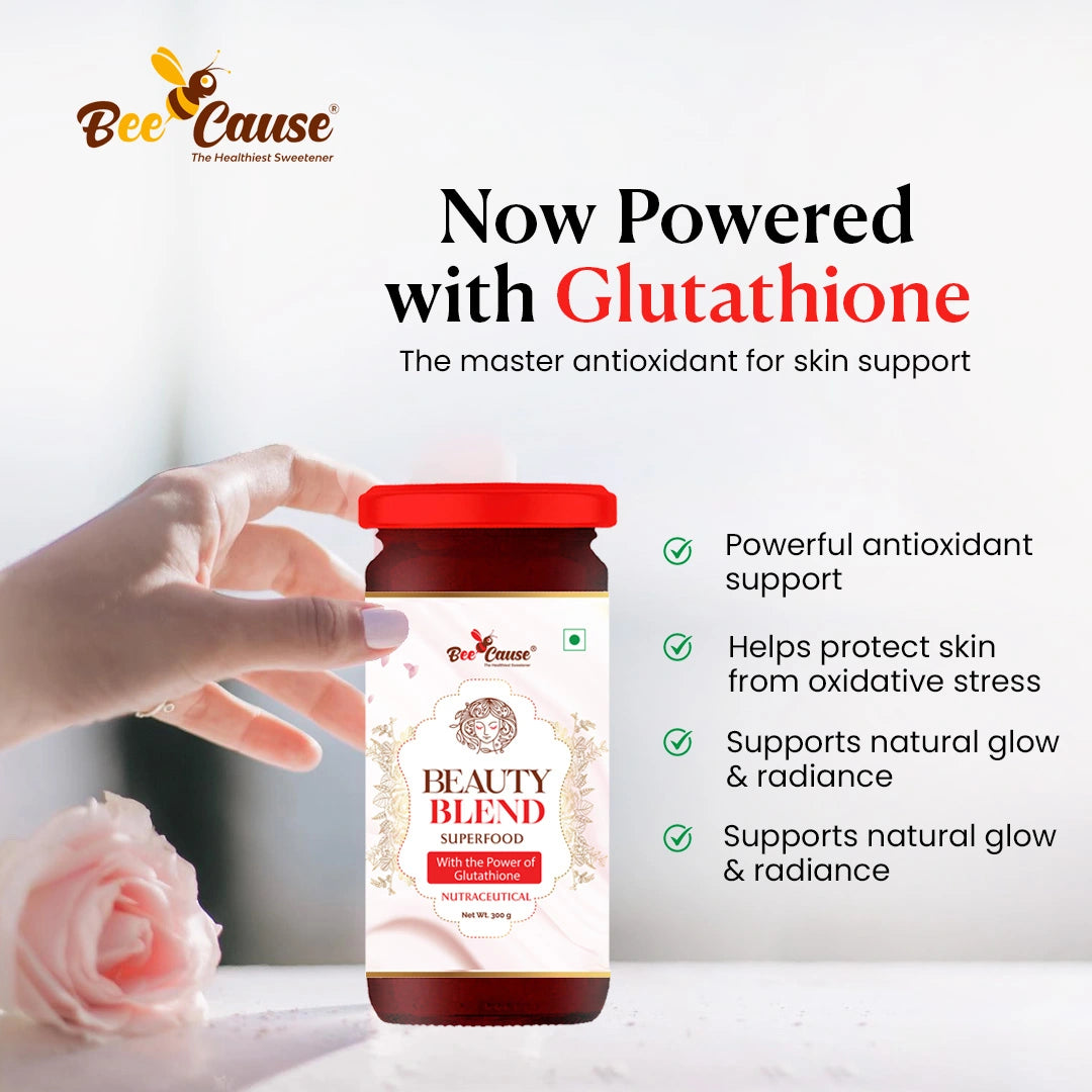A hand holding the Bee Cause Beauty Blend jar, highlighting its antioxidant properties as a glutathione drink and the best drink for health protection against oxidative stress.