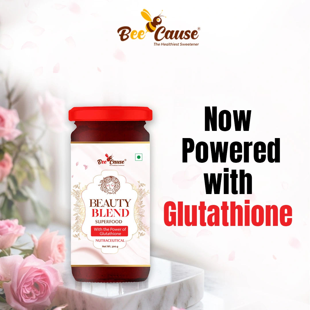 Product shot of Bee Cause Beauty Blend on a marble stand, emphasizing its new formula as a powerful glutathione drink for beauty.