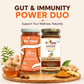 Two jars of Bee Cause wellness products displayed on a wooden board with ginger, honey, cinnamon, and turmeric, under the headline 'GUT & IMMUNITY POWER DUO'. The left jar is Skim Blend of Honey, and the right jar is Ginger Curcumin Honey.