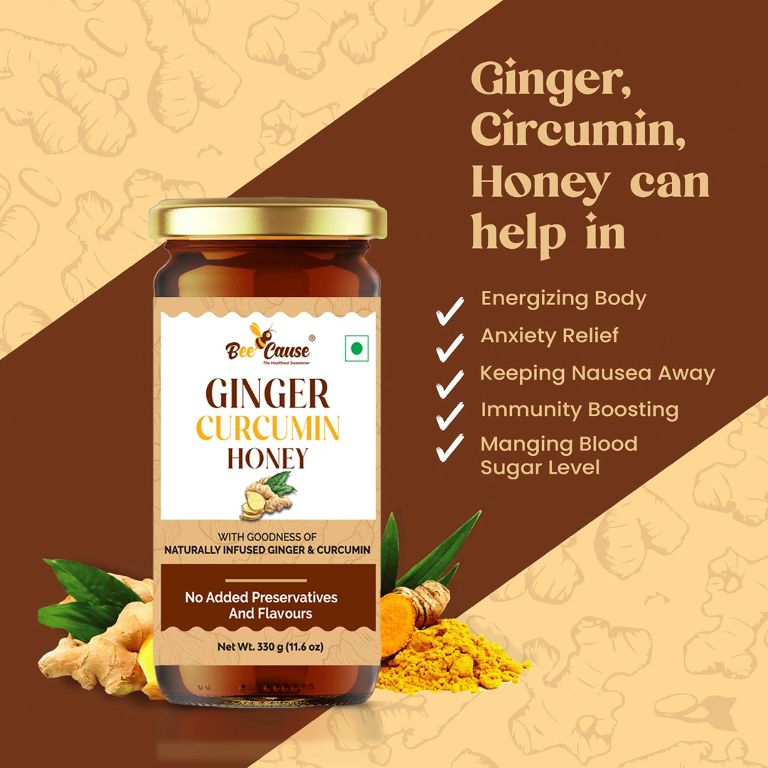 A graphic listing the health benefits of Ginger Curcumin Honey, such as immunity boosting, anxiety relief, and nausea control, displayed next to fresh ginger and turmeric powder.