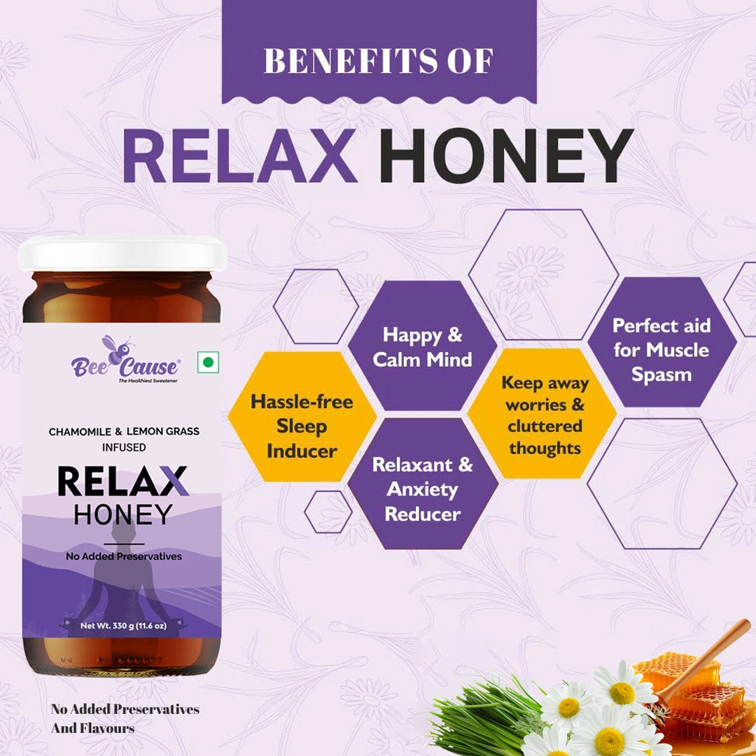Infographic displaying the "Benefits of Relax Honey," including reducing anxiety, aiding muscle spasms, inducing sleep, and keeping the mind happy and calm.