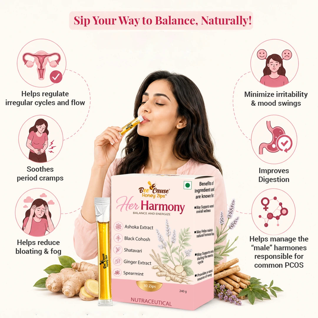 Diagram showing health benefits of Her Harmony Honey Zips, including regulating irregular menstrual cycles, soothing period cramps, reducing bloating, minimizing mood swings, and managing male hormones for PCOS.