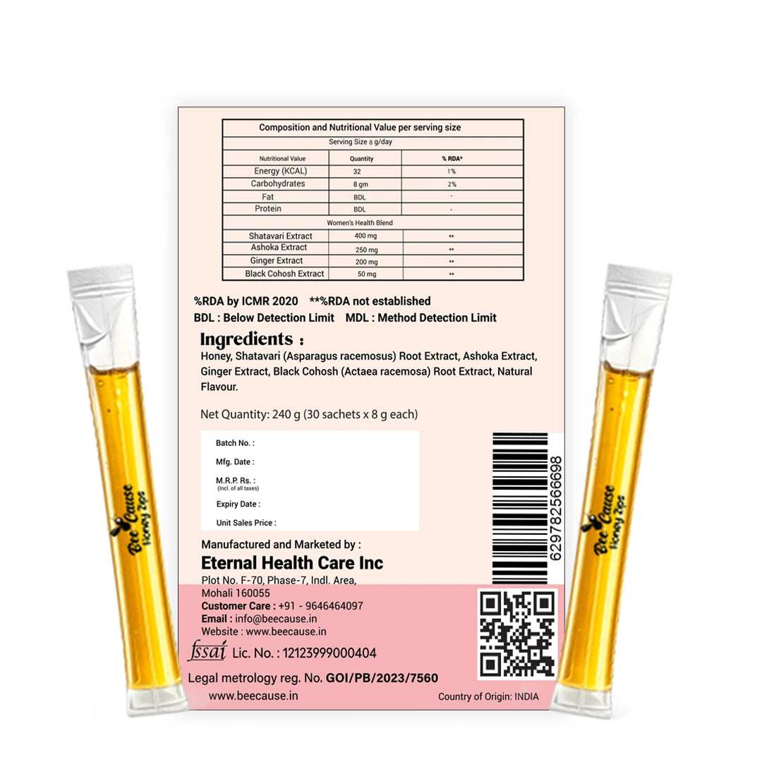 Nutritional facts and composition table on the back of Her Harmony Honey Zips, showing 32 Kcal energy per serving, FSSAI license, and exact dosages of Shatavari, Ashoka, Ginger, and Black Cohosh extracts.