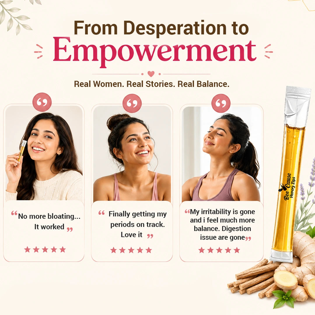 Five-star customer reviews for Her Harmony Honey Zips showing real women sharing success stories about reduced bloating, regular period cycles, less irritability, and improved digestion.