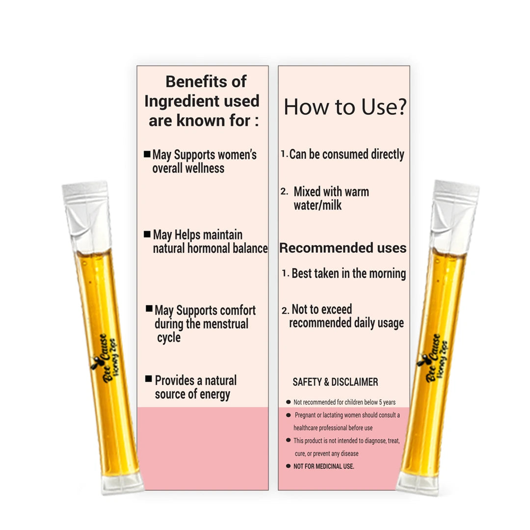 Side packaging panel of Bee Cause Her Harmony Honey Zips showing recommended morning usage directions, safety disclaimer for pregnant or lactating women, and natural source of energy benefits.