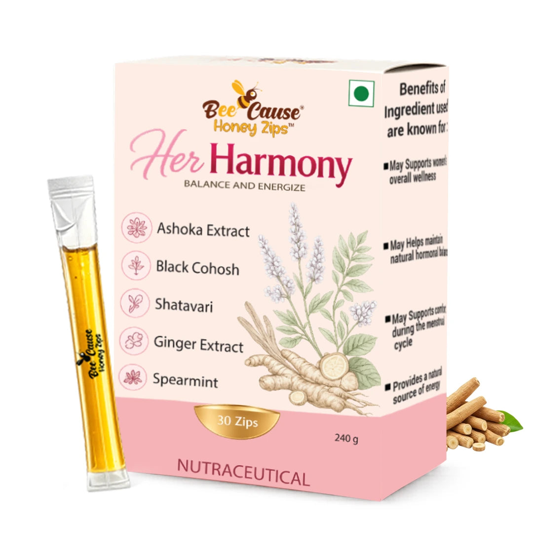 Bee Cause Honey Zips Her Harmony nutraceutical box with a single honey sachet, highlighting key botanical ingredients like Ashoka Extract, Black Cohosh, Shatavari, and Ginger Extract for women's hormonal balance and energy.