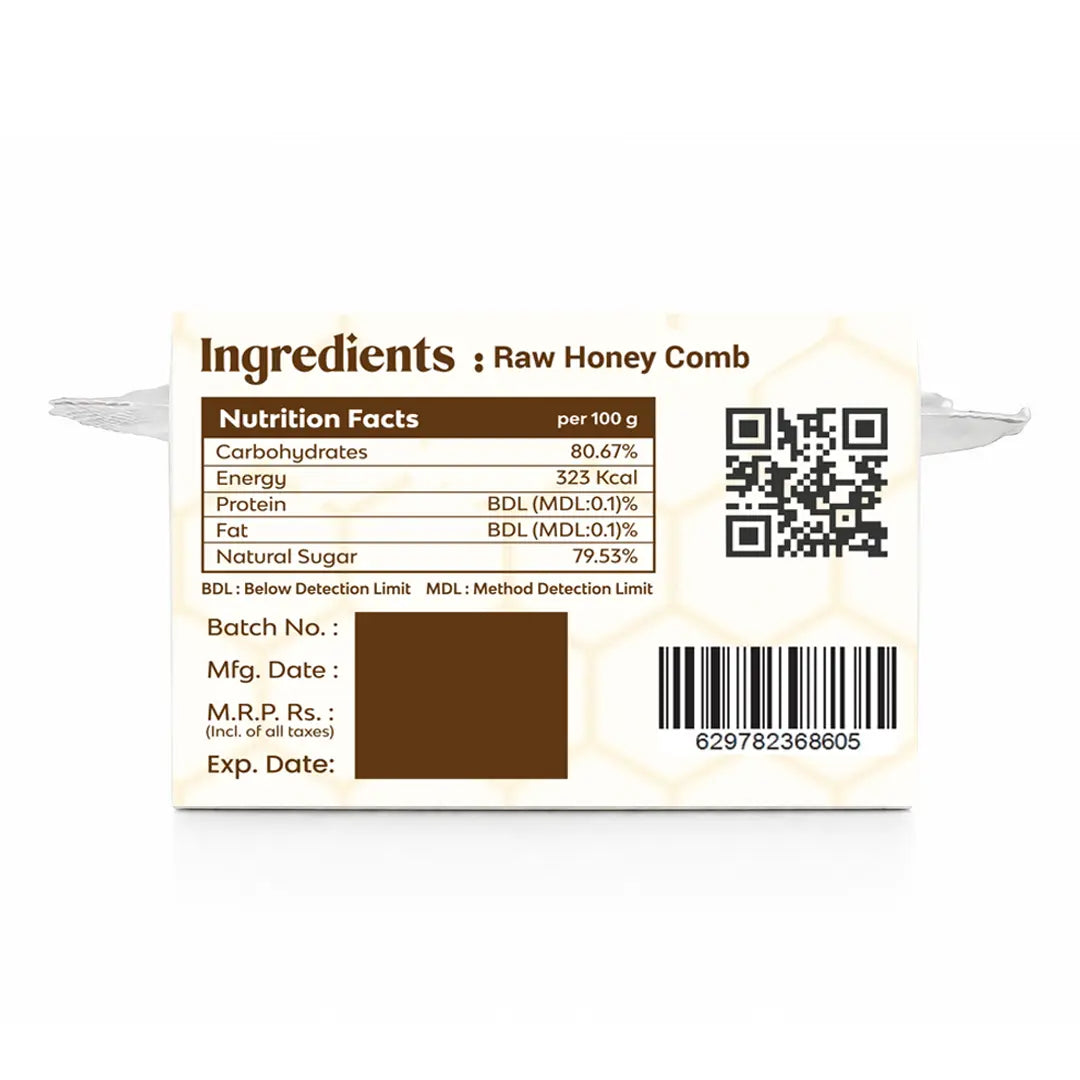 The back packaging label of BeeCause Raw Honey Comb showing the nutrition facts panel per 100 grams, including values for Carbohydrates (80.67%), Energy (323 Kcal), and Natural Sugar (79.53%). The label also features a QR code, a barcode, and blank fields for Batch No., Mfg. Date, M.R.P., and Exp. Date.