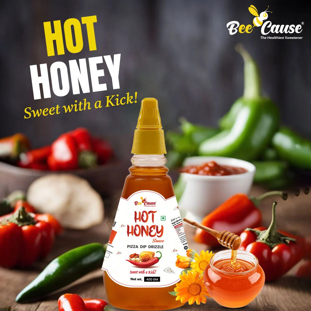 Hot Honey sauce bottle surrounded by red and green peppers, highlighting the "Sweet with a Kick" flavor profile.