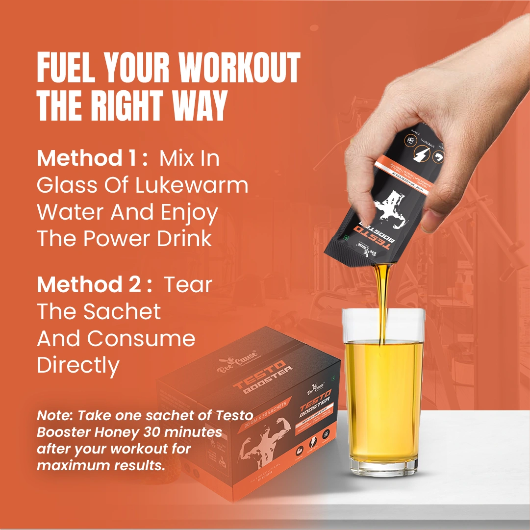 Instructions on "How to Use" Testo Booster Honey: Mix one sachet in lukewarm water or consume directly 30 minutes after a workout for maximum results.