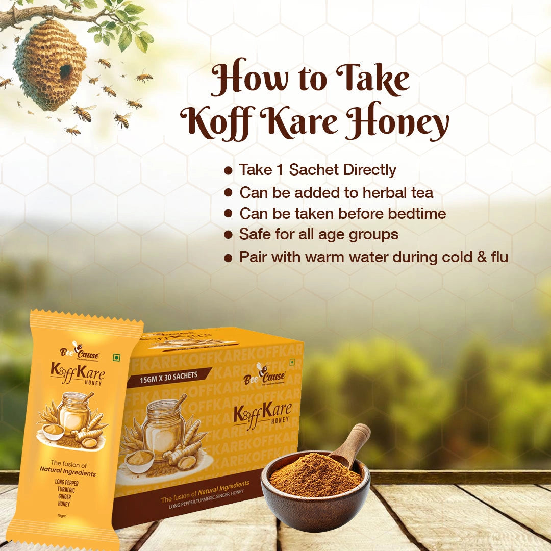 Infographic titled "How to Take Koff Kare Honey" illustrating usage methods: take one sachet directly, add to herbal tea, or pair with warm water during cold and flu.