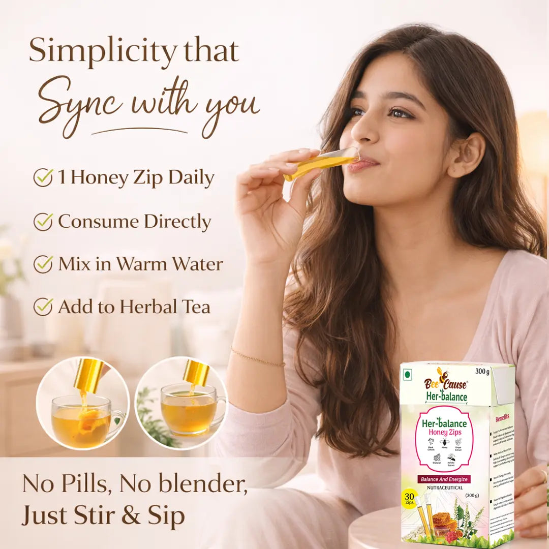 A woman consuming a Bee Cause Her-balance Honey Zip directly. Text explains it can be taken once daily by consuming directly, mixing in warm water, or adding to herbal tea with the tagline "No Pills, No blender, Just Stir & Sip.