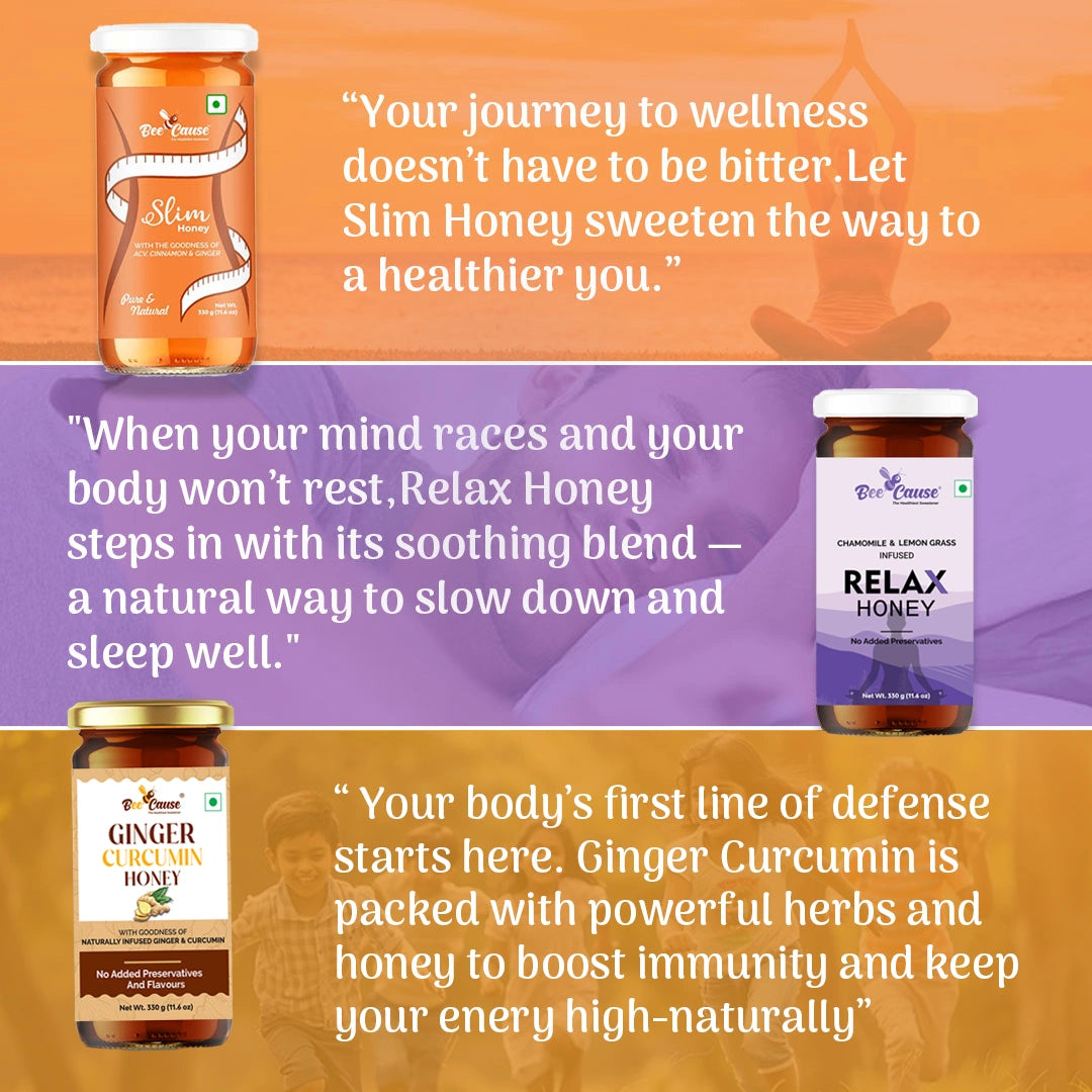 A step-by-step guide for Relax Honey suggesting adding 2 spoons to warm water for a calming tea or taking 1 spoon directly.