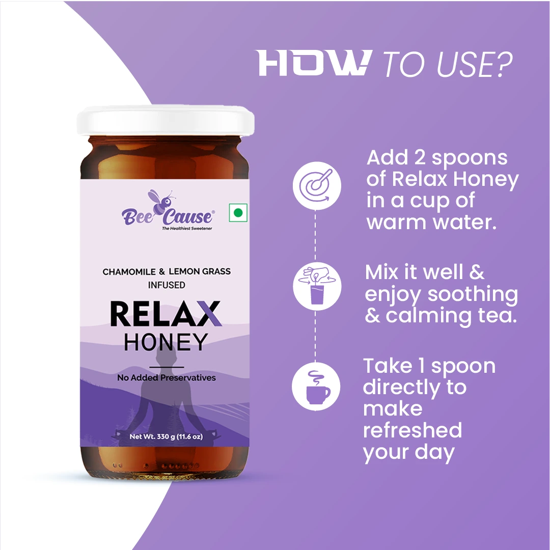 A guide for Relax Honey suggesting adding 2 spoons to warm water for a calming tea or taking 1 spoon directly to refresh the day.