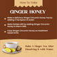 Infographic titled "How To Take Ginger Honey," showing instructions for making honey tea, golden milk, or a healthy sweet drink, accompanied by an image of ginger tea.