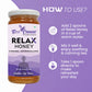 Infographic explaining how to use BeeCause Relax Honey: add 2 spoons in a cup of warm water, mix well to enjoy a soothing calming tea, or take 1 spoon directly to feel refreshed.