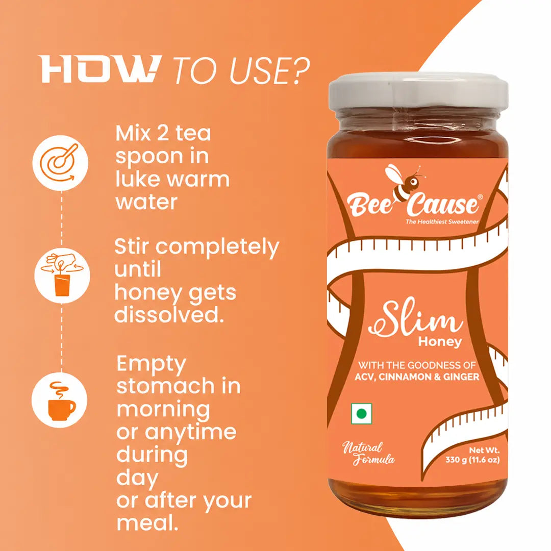 Infographic showing how to use BeeCause Slim Honey: mix 2 teaspoons in lukewarm water, stir until completely dissolved, and consume on an empty stomach in the morning, anytime during the day, or after a meal.