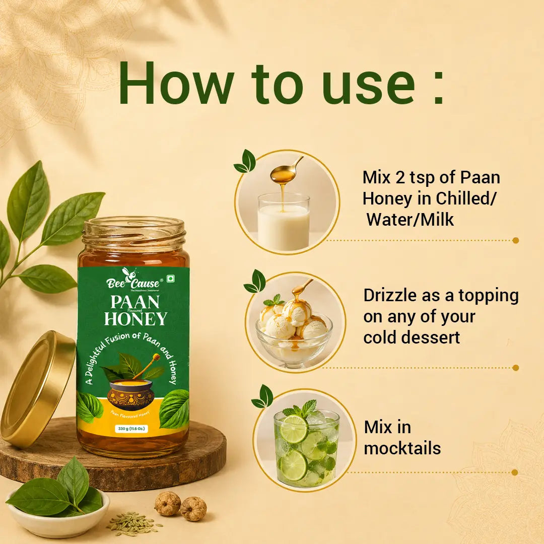 Beecause  Paan Honey jar with usage instructions on a beige background