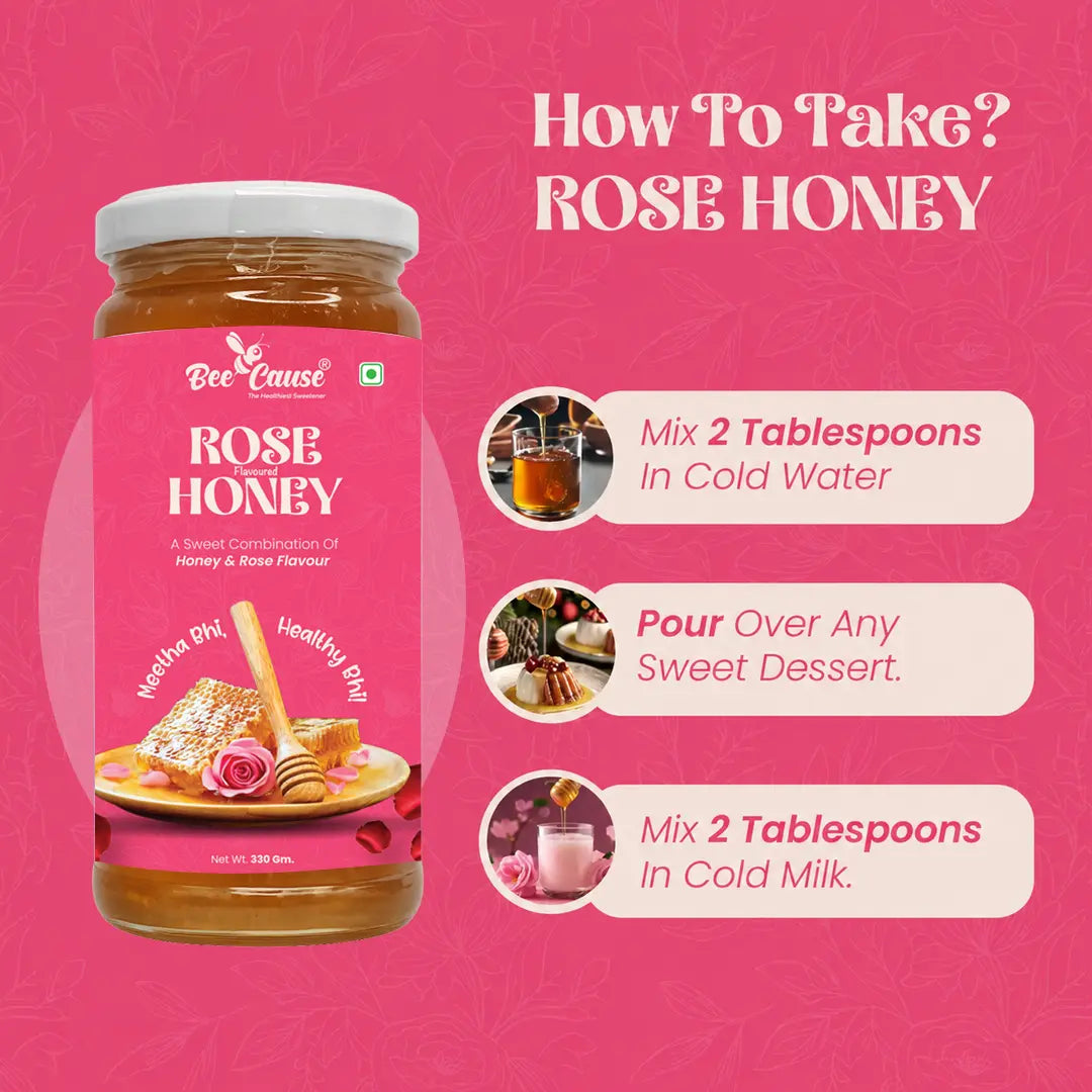 How to use BeeCause Rose Honey guide, showing steps to mix 2 tablespoons in cold water, pour over a dessert, or mix in cold milk.