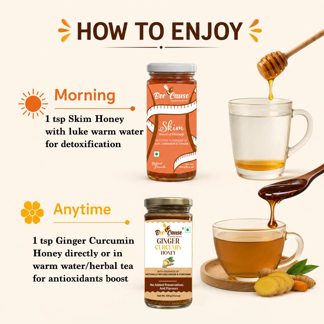 An infographic titled 'HOW TO ENJOY' showing two jars of Bee Cause honey products with text instructions for morning and anytime consumption, alongside cups of honey, a honey dipper, ginger slices, and a spoon.